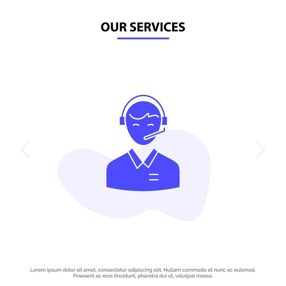 nos services support affaires conseil client homme consultant en ligne service icône de glyphe solide modèle de carte web vecteur