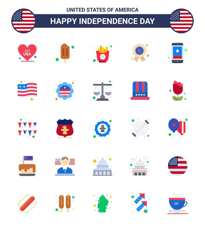 4 juillet usa joyeux jour de l'indépendance icône symboles groupe de 25 appartements modernes de téléphone intelligent cellulaire nourriture médaille independece modifiable usa day vector design elements