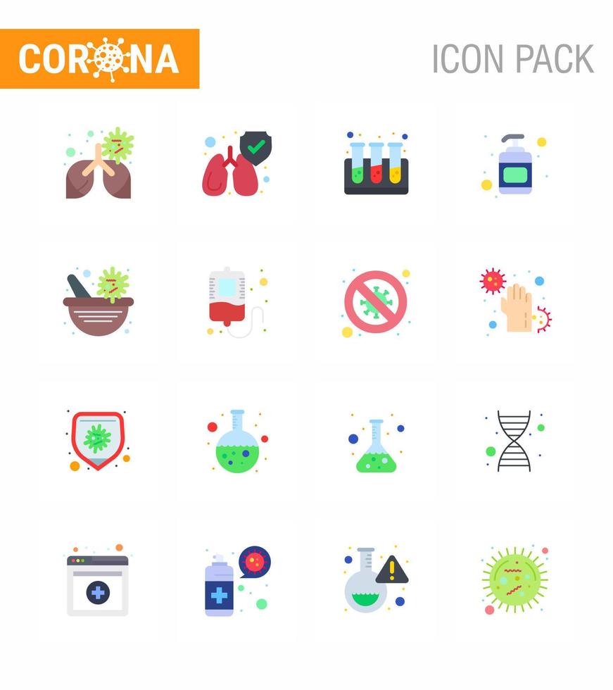 prévention des coronavirus ensemble d'icônes 16 icône de couleur plate telle que le test de bol de pharmacie de sang désinfectant de pharmacie coronavirus viral 2019nov éléments de conception de vecteur de maladie