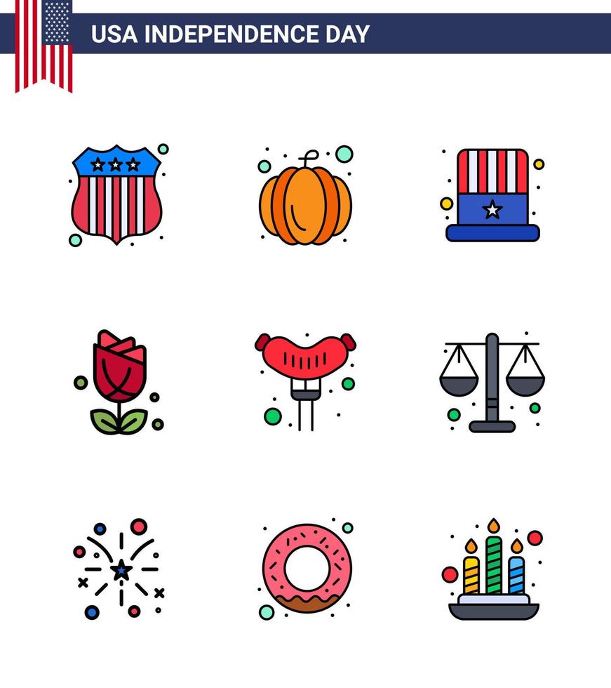 9 usa plat rempli ligne signes fête de l'indépendance célébration symboles de la cour chapeau de francfort nourriture usa modifiable usa day vector design elements