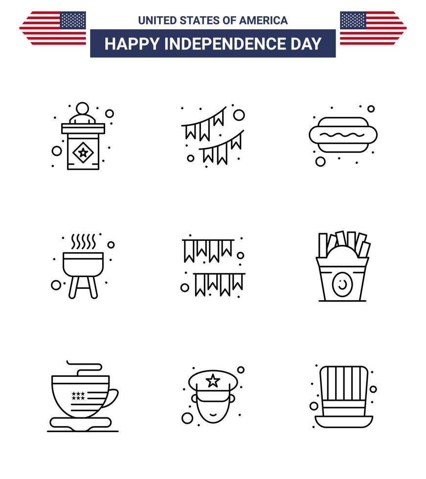 pack de 9 lignes de célébration de la fête de l'indépendance des états-unis et symboles du 4 juillet tels que guirlande cuisinier guirlande barbecue chaud i éléments de conception vectoriels modifiables de la journée des états-unis vecteur