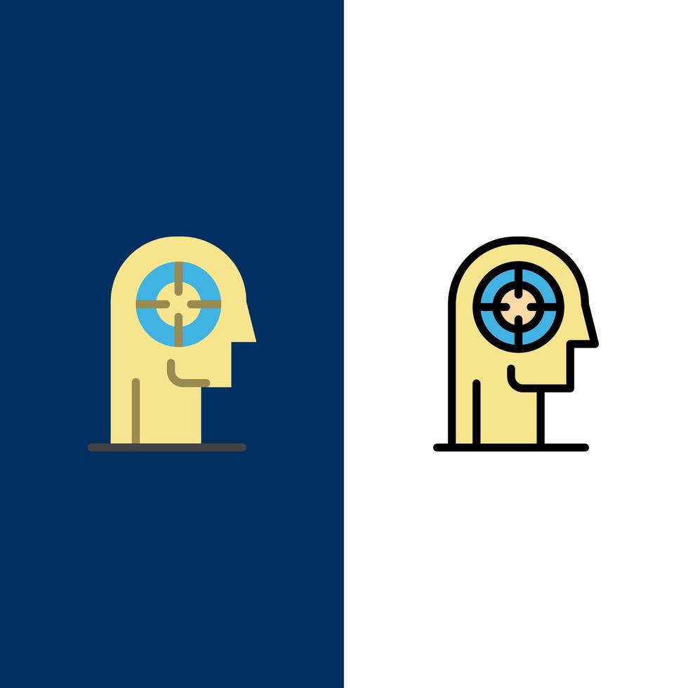 flèche concentration focus tête icônes humaines plat et ligne remplie icône ensemble vecteur fond bleu