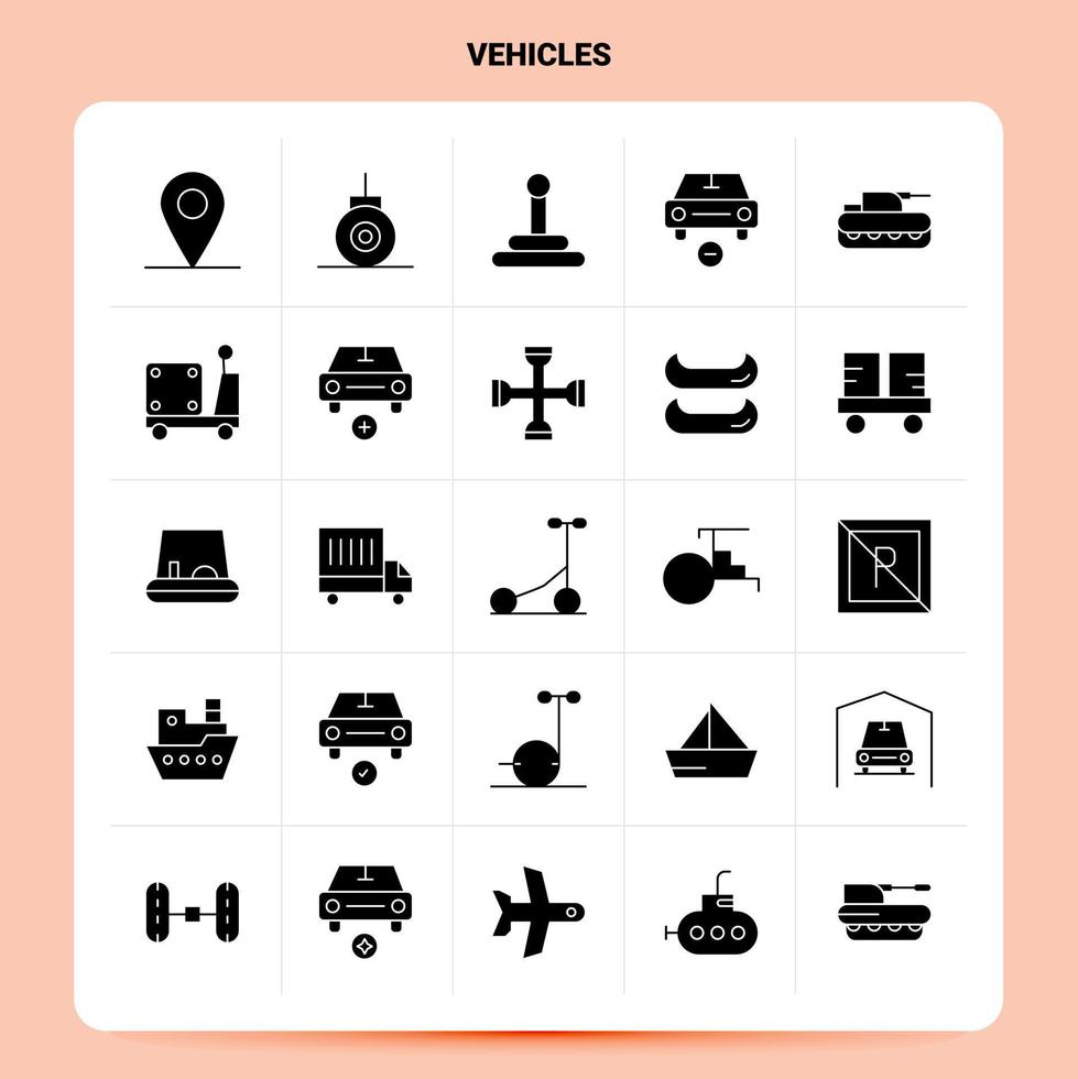 ensemble d'icônes de 25 véhicules solides conception de style de glyphe vectoriel icônes noires définies idées d'affaires web et mobiles conception illustration vectorielle