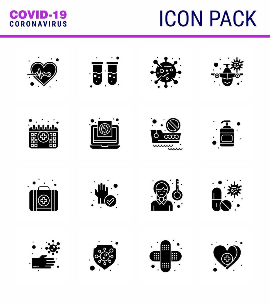 16 glyphe solide virus corona noir illustrations vectorielles pandémiques rendez-vous avertissement bactéries vacances avion coronavirus viral 2019nov éléments de conception de vecteur de maladie