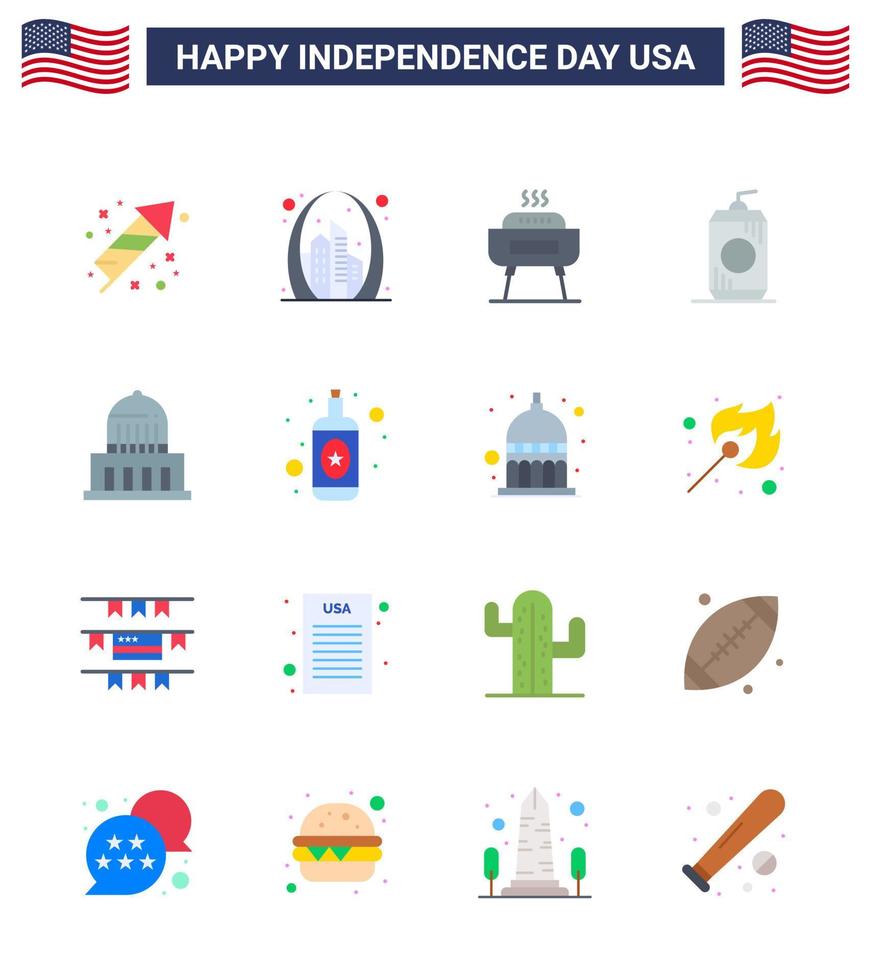 joyeux jour de l'indépendance pack de 16 appartements signes et symboles pour la construction boisson usa cola vacances modifiables usa day vector design elements