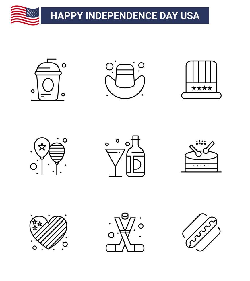 9 signes de ligne pour la fête de l'indépendance des états-unis boisson chapeau de fête jour ballons éléments de conception vectoriels modifiables vecteur