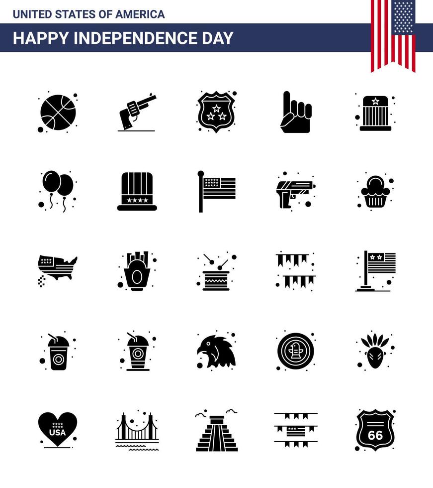 pack de glyphes solides de 25 symboles de la fête de l'indépendance des états-unis de divertissement vecteur