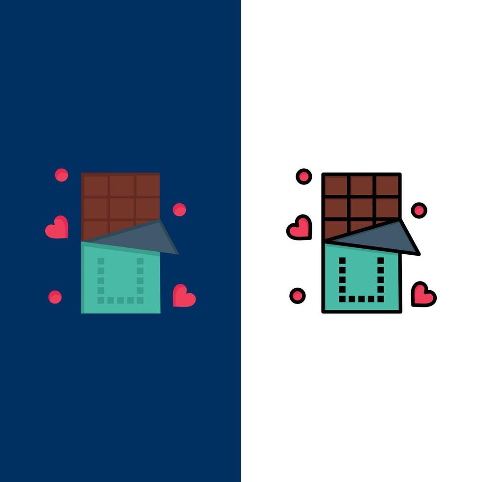 chocolat amour nourriture icônes sucrées plat et ligne remplie icône ensemble vecteur fond bleu