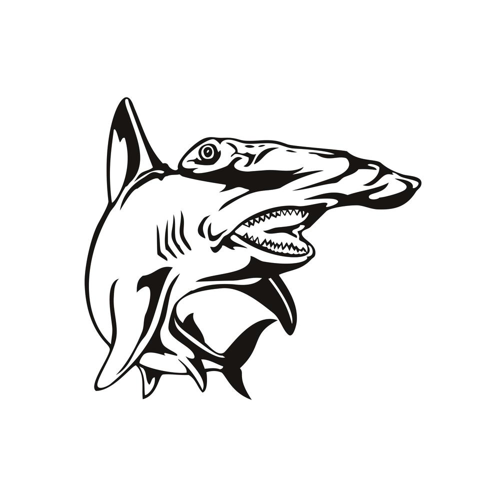 Requin marteau festonné ou sphyrna lewini vue de face rétro gravure sur bois noir et blanc vecteur