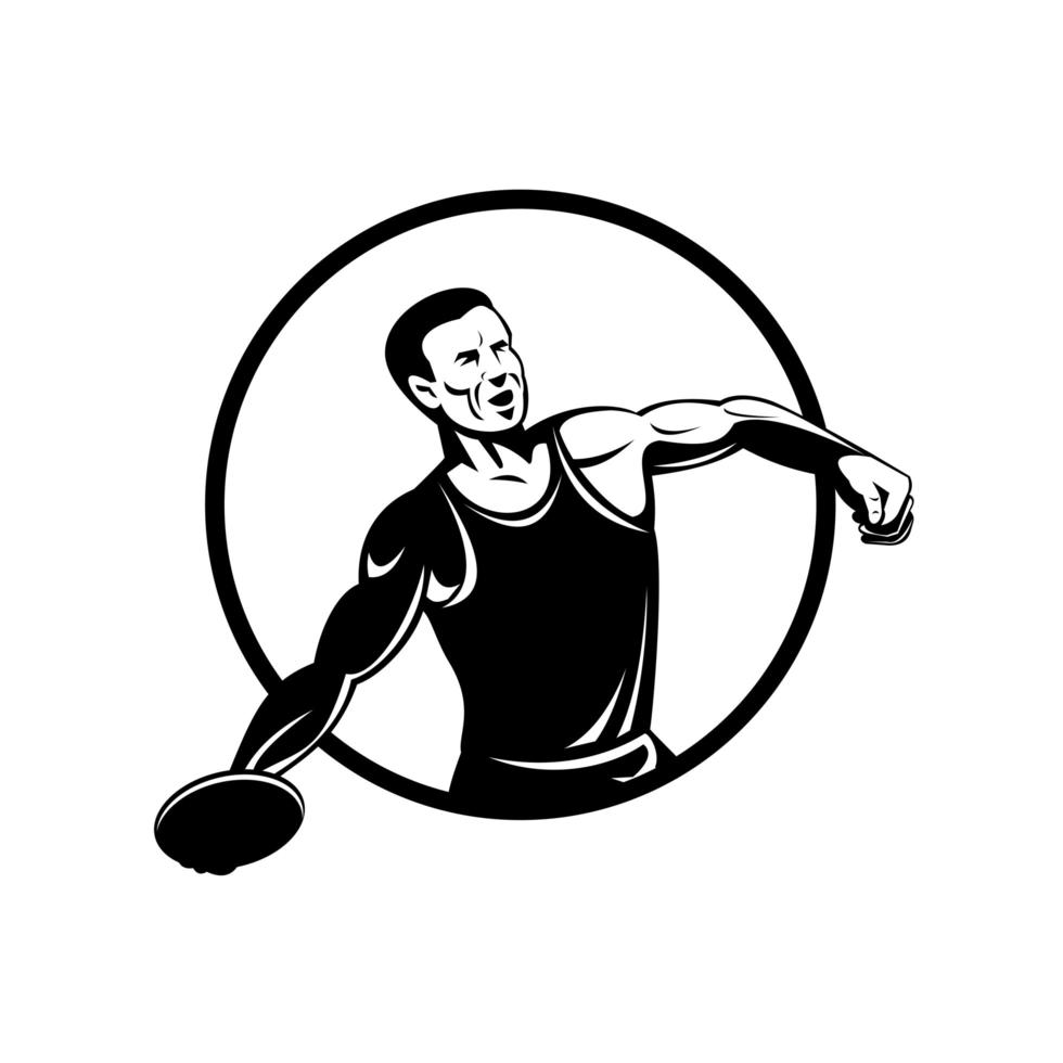 Lancer de disque ou lancer de disque athlète d'événement d'athlétisme jetant un disque lourd rétro noir et blanc vecteur