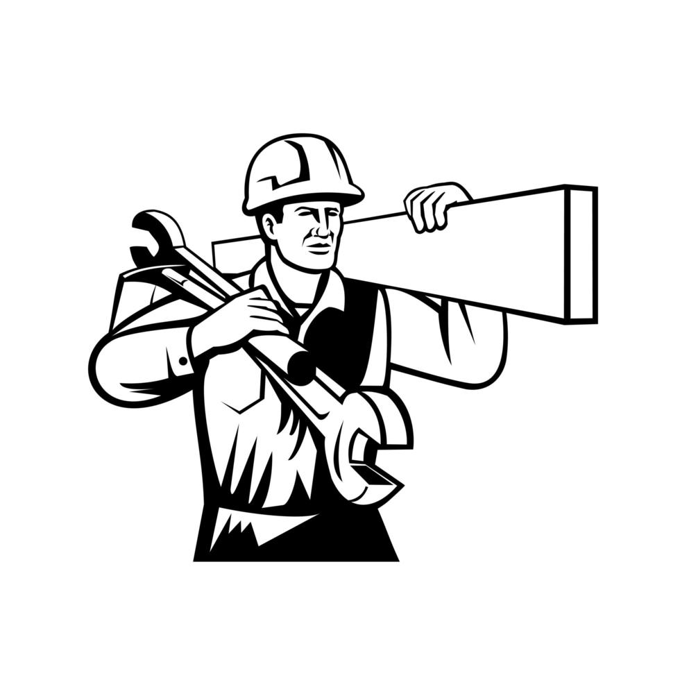 Bricoleur ou constructeur transportant une clé à bois et une bêche rétro noir et blanc vecteur