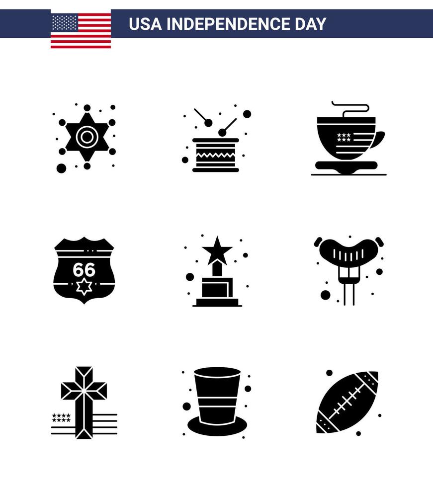 pack de glyphes solides de 9 symboles de la fête de l'indépendance des états-unis de récompense sécurité indépendance états-unis américains modifiables éléments de conception vectorielle de la journée des états-unis vecteur