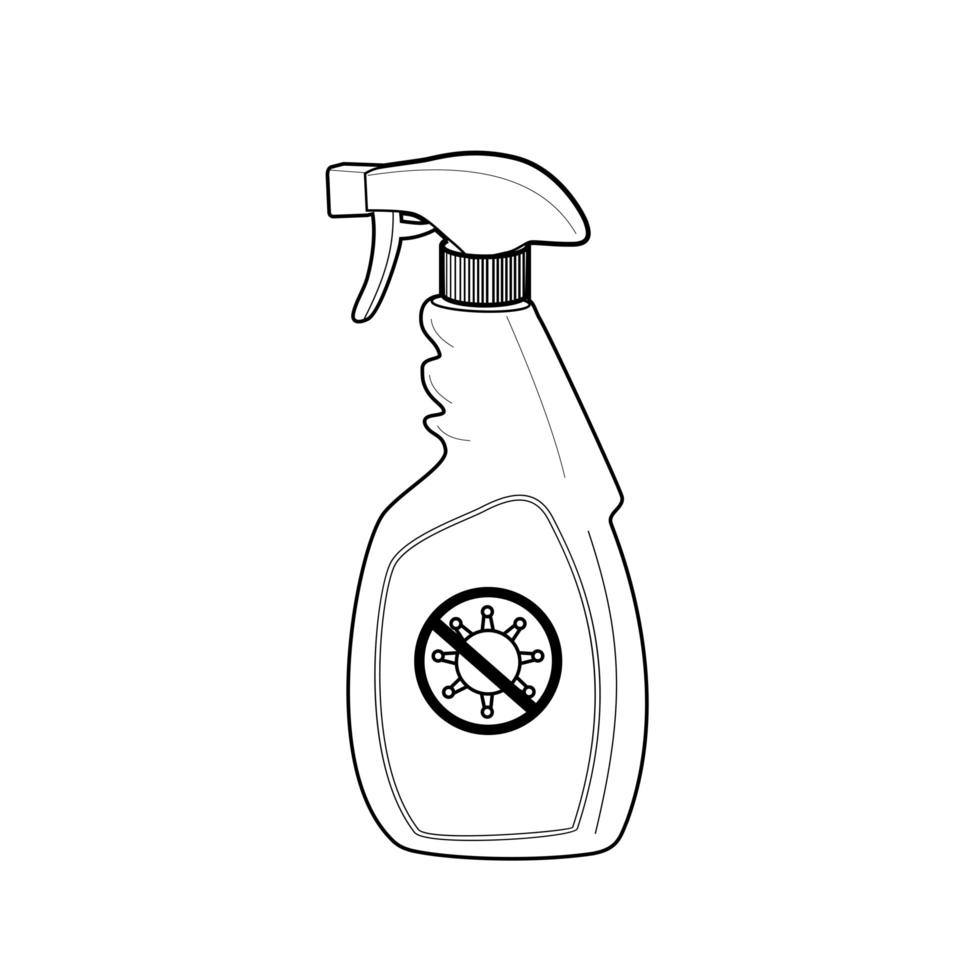 Flacon pulvérisateur de désinfectant avec signe d'arrêt de virus pandémique dessin au trait noir et blanc vecteur