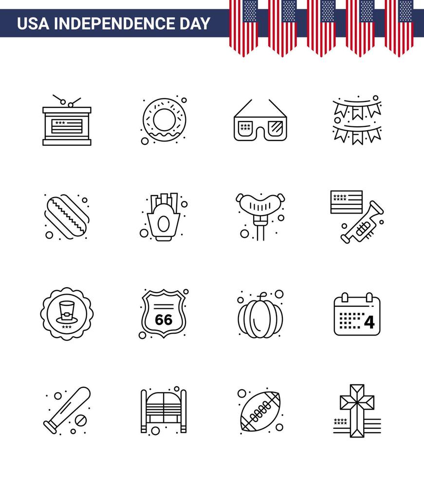 16 panneaux de ligne pour la fête de l'indépendance des états-unis guirlande de hot-dogs verres banderoles modifiables éléments de conception vectorielle de la journée des états-unis vecteur