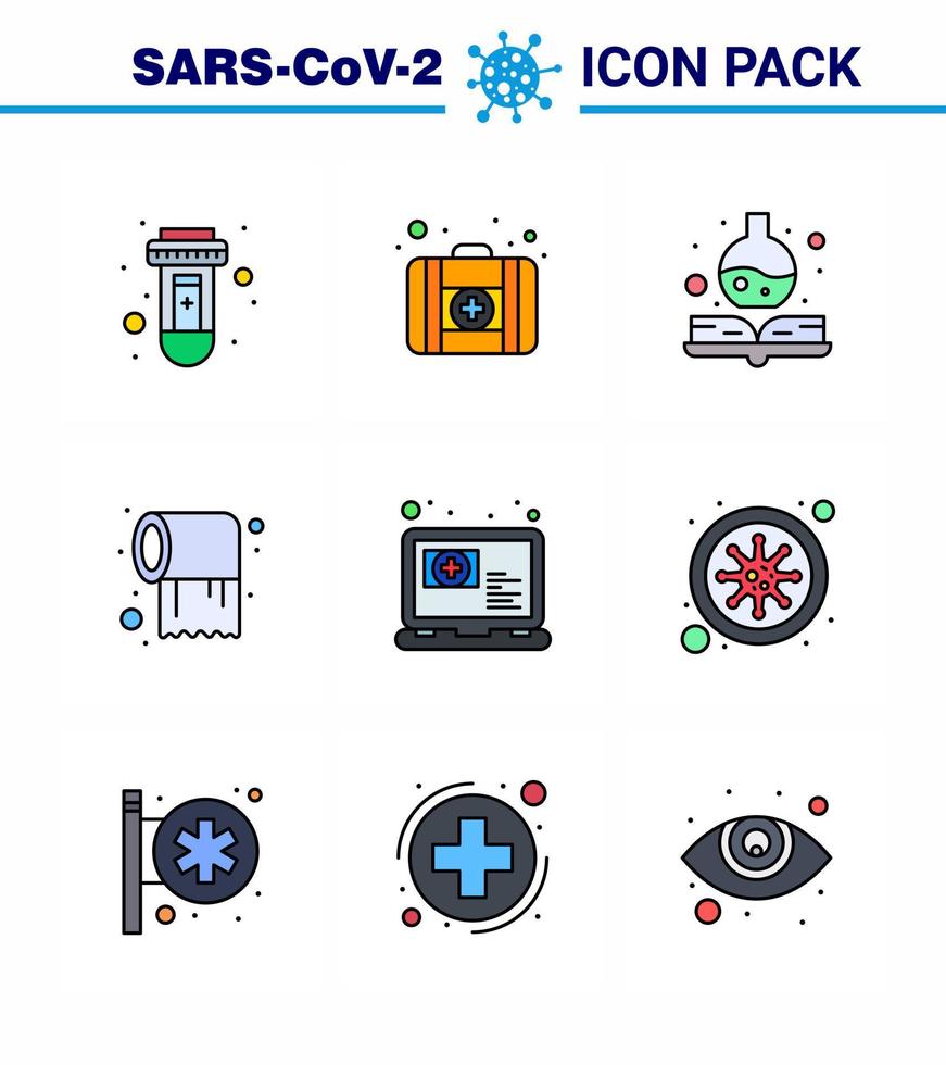 9 lignes remplies ensemble de couleurs plates d'icônes épidémiques de virus corona telles que rendez-vous en ligne tissu médical coronavirus viral 2019nov éléments de conception de vecteur de maladie