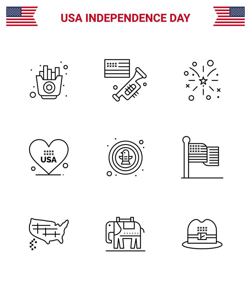 9 signes de ligne pour le jour de l'indépendance des états-unis oiseau usa feu d'artifice coeur américain modifiable éléments de conception de vecteur de jour des états-unis