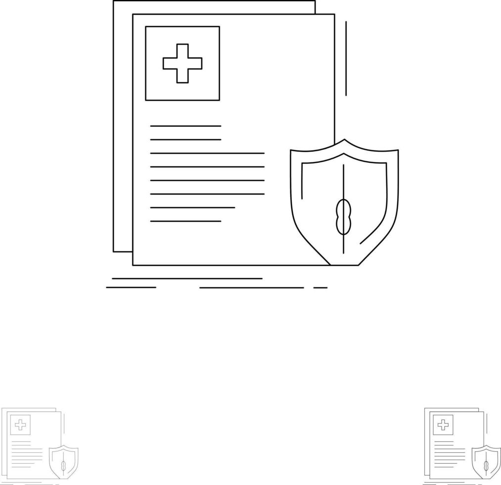 bouclier de protection des documents santé médicale jeu d'icônes de ligne noire audacieuse et mince vecteur