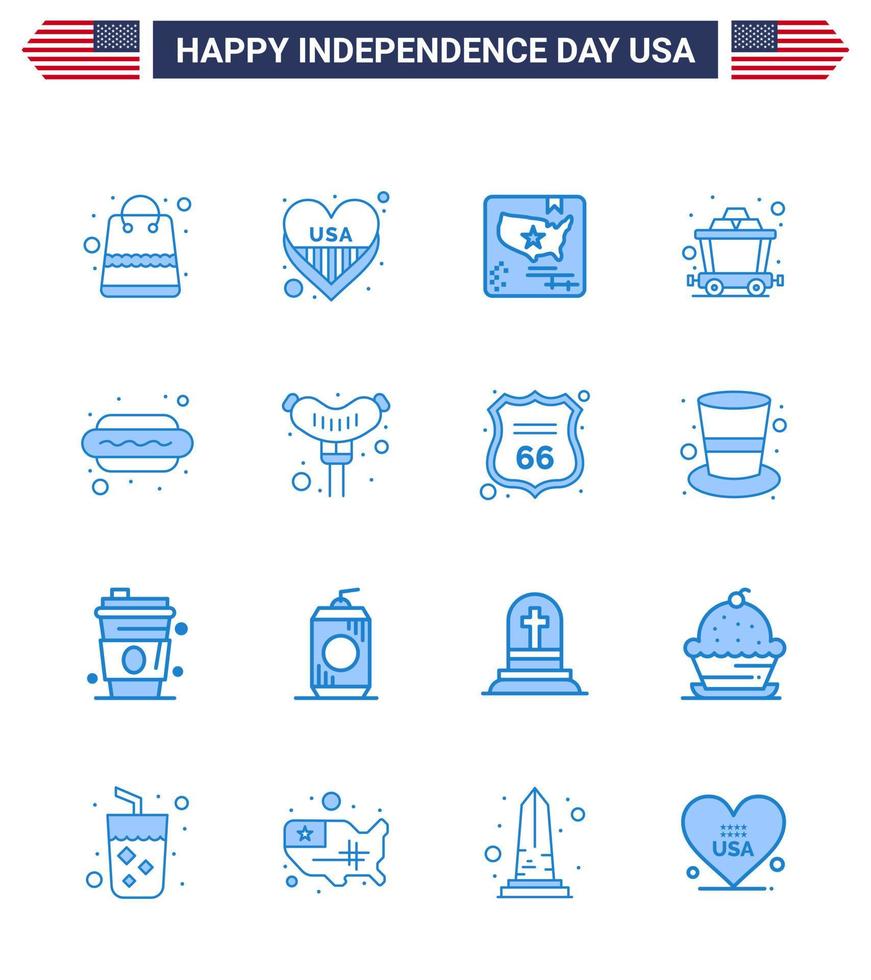 16 usa bleu signes célébration de la fête de l'indépendance symboles de nourriture hot dog chariot ferroviaire américain modifiable usa day vector design elements