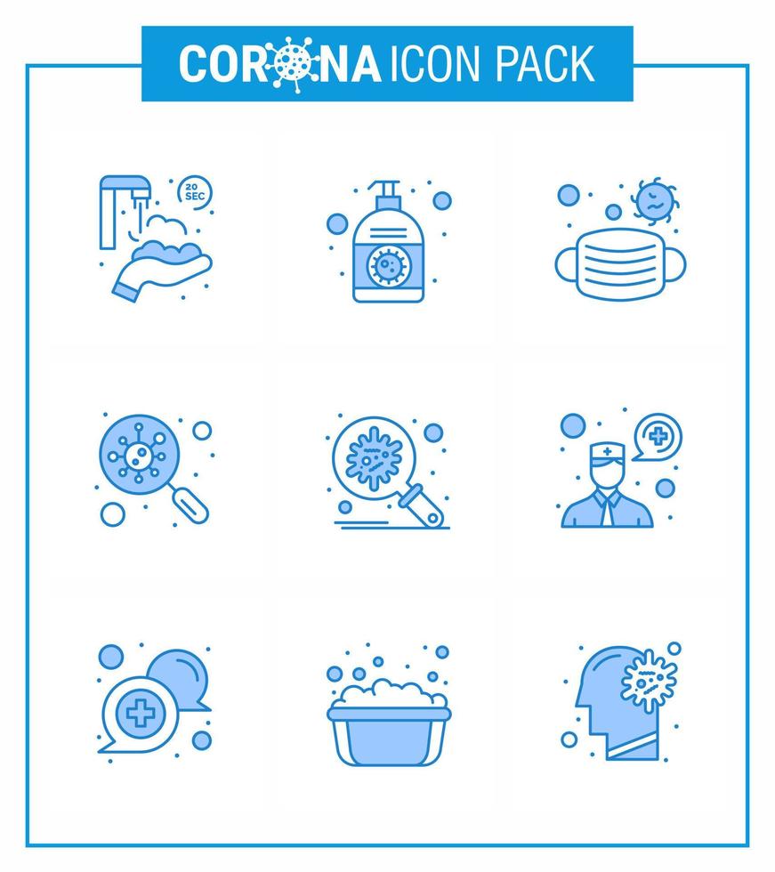 l'icône bleue du coronavirus 9 sur le thème de l'épidémie corona contient des icônes telles que la recherche de germes désinfectant pour les mains trouver des éléments de conception vectoriels de la maladie du coronavirus viral de sécurité 2019nov vecteur