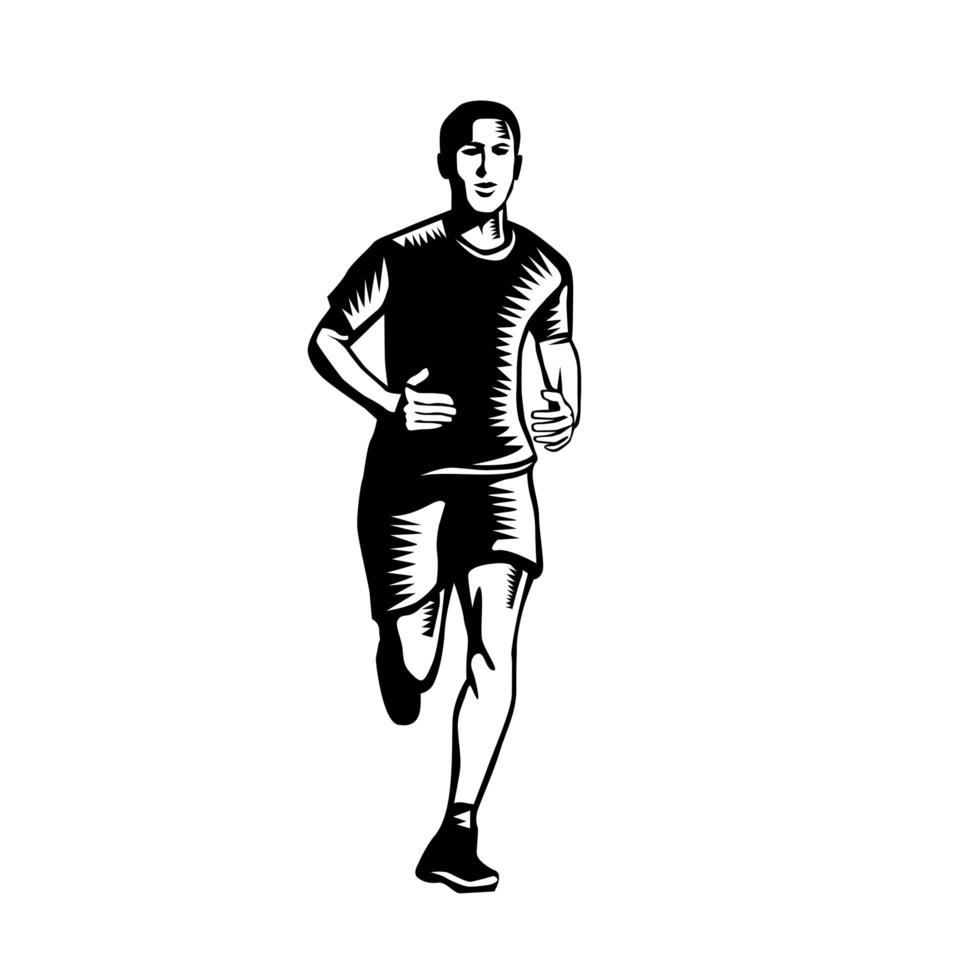 Marathon runner gravure sur bois noir et blanc vecteur
