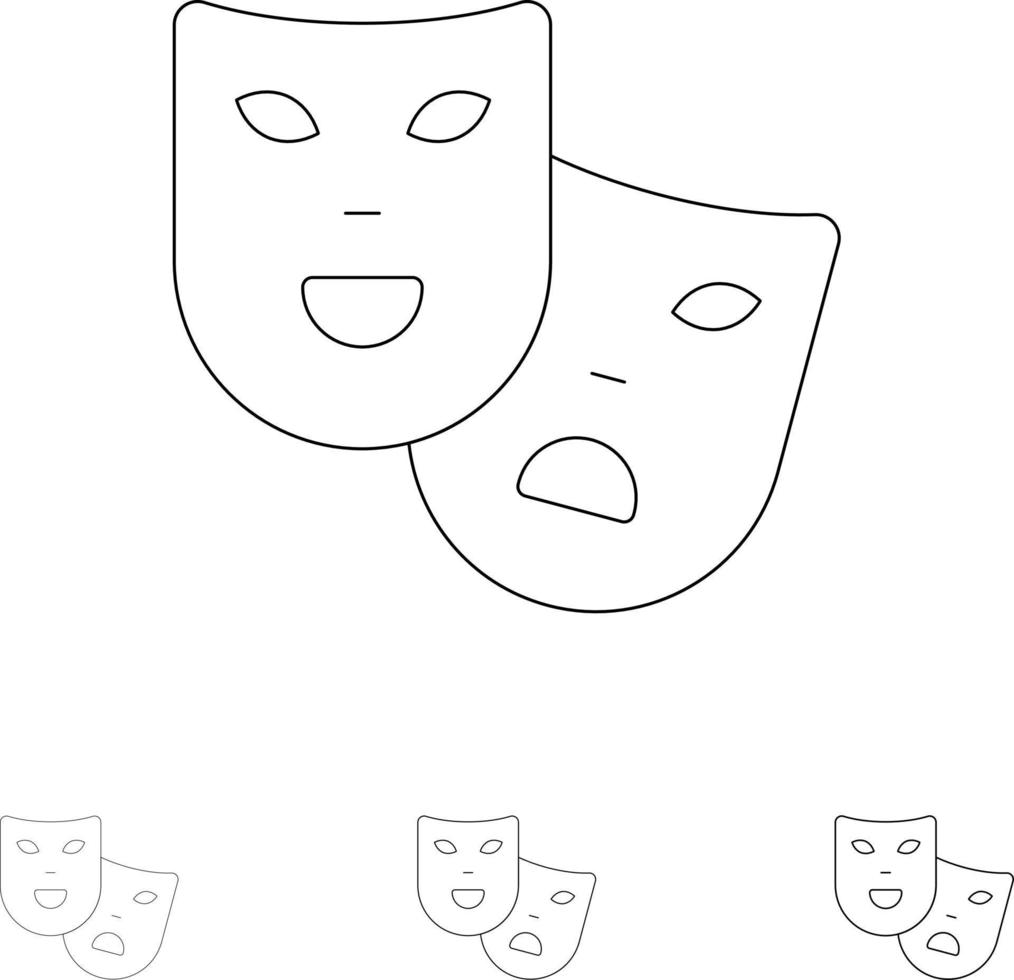 masques rôles théâtre madrigal jeu d'icônes de ligne noire audacieuse et mince vecteur