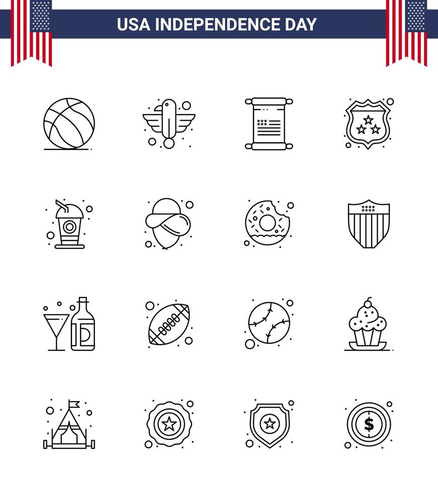 usa joyeux jour de l'indépendancepictogramme ensemble de 16 lignes simples de bouteille bouclier sécurité de l'état usa modifiable usa day vector design elements