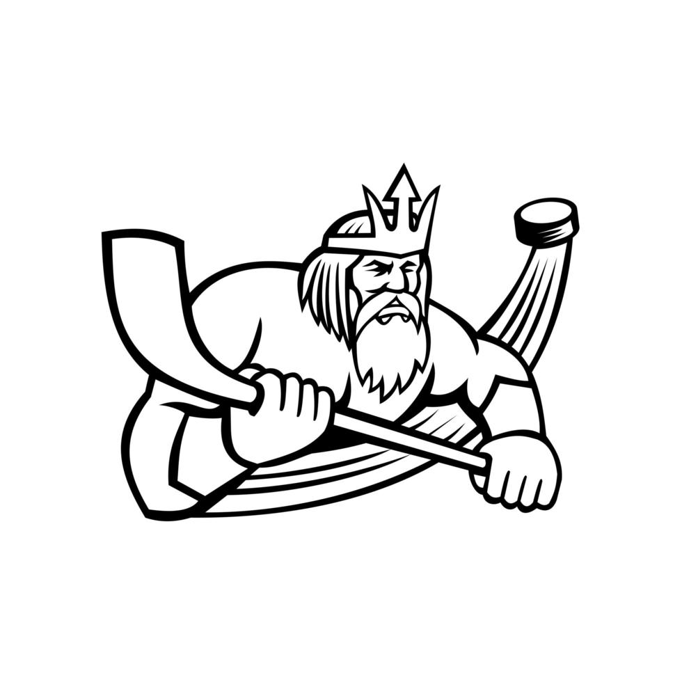 Poseidon avec bâton de hockey sur glace et rondelle de sport mascotte noir et blanc vecteur