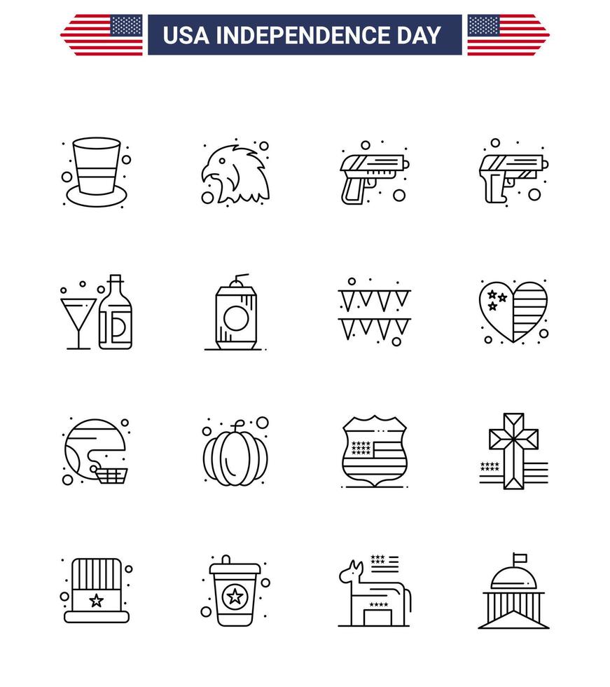 16 usa line pack de signes et symboles de la fête de l'indépendance de la bouteille de sécurité en verre de cola vin modifiable usa day vector design elements