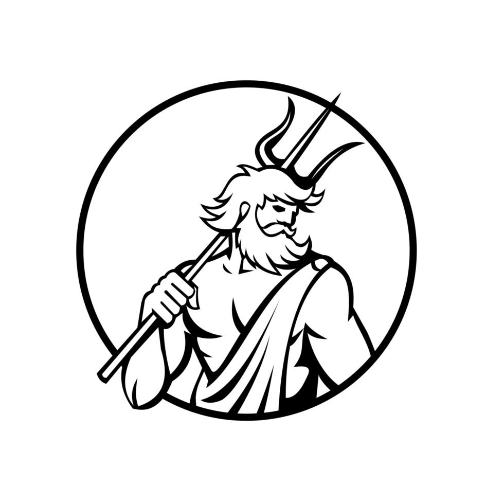 Dieu romain de la mer neptune ou poseidon tenant un cercle de trident rétro noir et blanc vecteur