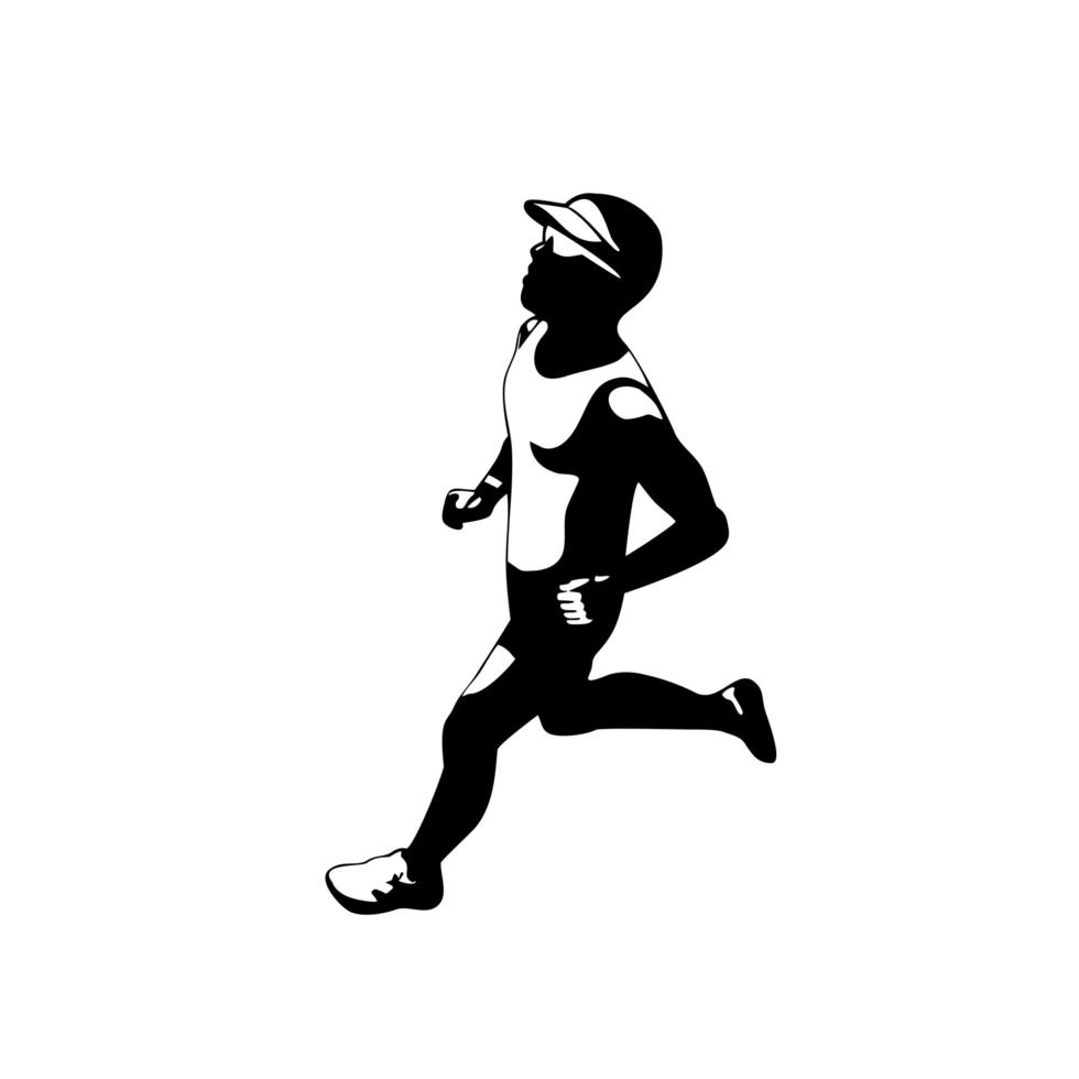 coureur de marathon triathlète en cours d'exécution vue de côté pochoir rétro noir et blanc vecteur