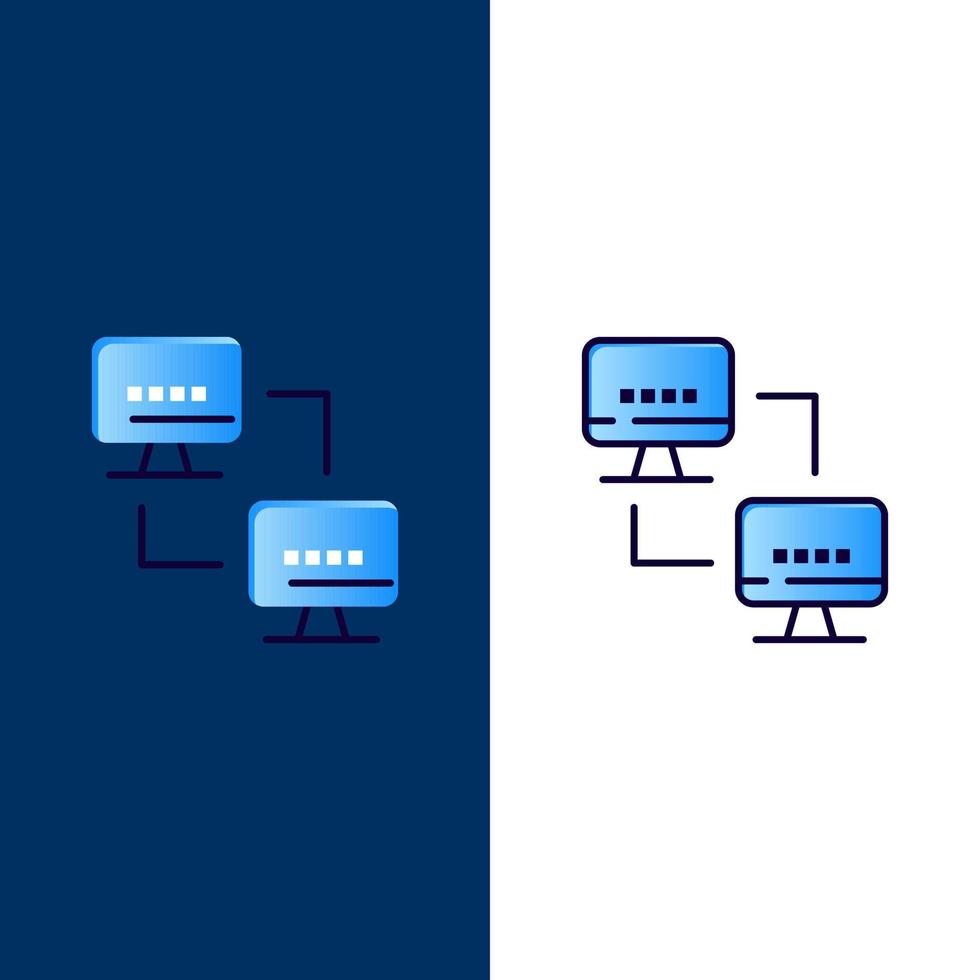 réseau informatique informatique ordinateurs icônes plat et ligne remplie icône ensemble vecteur fond bleu