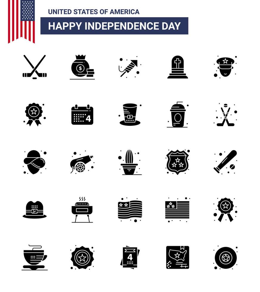 joyeux jour de l'indépendance pack de 25 signes et symboles de glyphes solides pour l'officier rip fire work pierre tombale mort modifiable usa day vector design elements