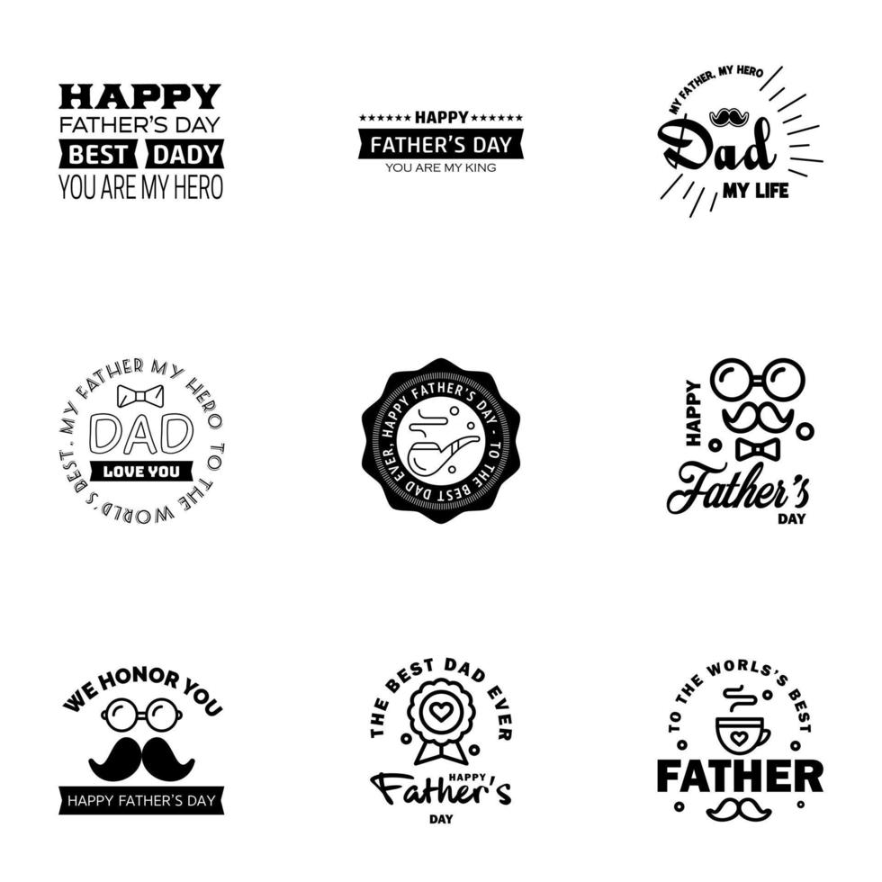 bonne fête des pères voeux main lettrage badges 9 noir faute de frappe isolé sur blanc typographie modèle de conception pour affiche bannière carte cadeau t shirt impression étiquette autocollant rétro vintage style vecteur il