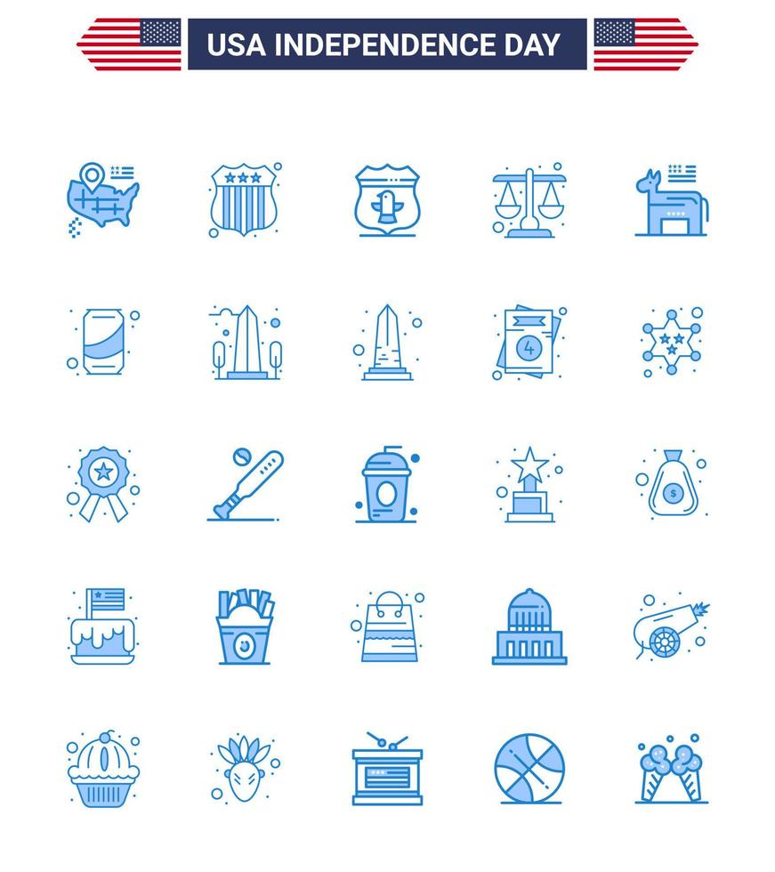 pack bleu de 25 symboles de la fête de l'indépendance des états-unis du symbole américain loi de l'âne américain modifiable éléments de conception vectorielle de la journée des états-unis vecteur