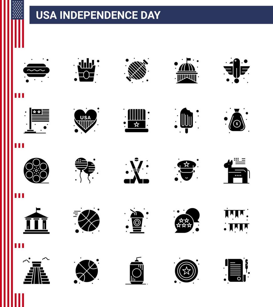 pack de glyphes solides vectoriels modifiables de la journée des états-unis 25 glyphe solide simple des états-unis américains bâtiment historique de barbecue éléments de conception vectoriels modifiables de la journée des états-unis vecteur