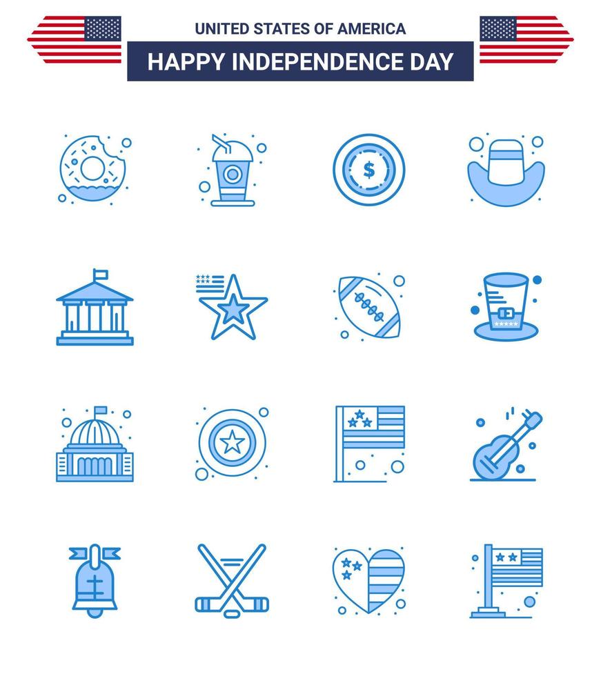 usa joyeux jour de l'indépendance ensemble de pictogrammes de 16 blues simples des états-unis drapeau américain casquette de banque modifiable usa day vector design elements