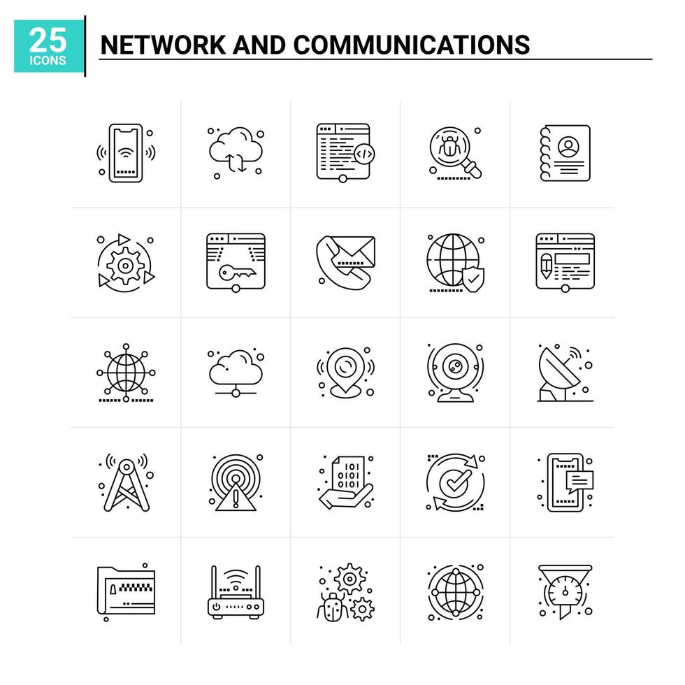 25 icônes de réseau et de communication définies fond vectoriel