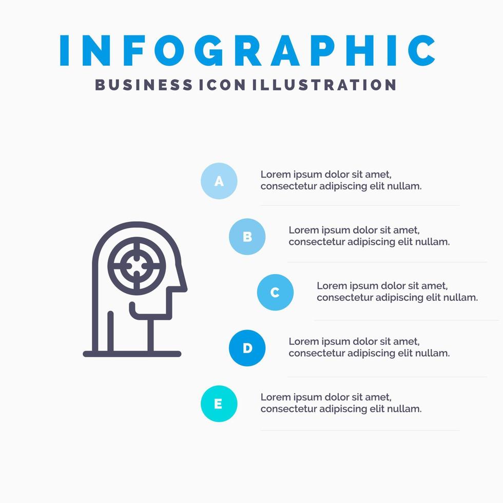 icône de la ligne humaine de la tête de concentration de la flèche avec 5 étapes présentation infographie fond vecteur