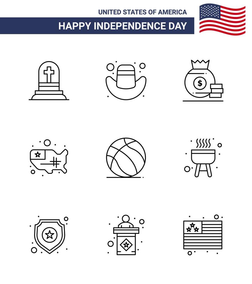joyeux jour de l'indépendance 4 juillet ensemble de 9 lignes pictogramme américain de sac de football américain usa états modifiables usa day vector design elements