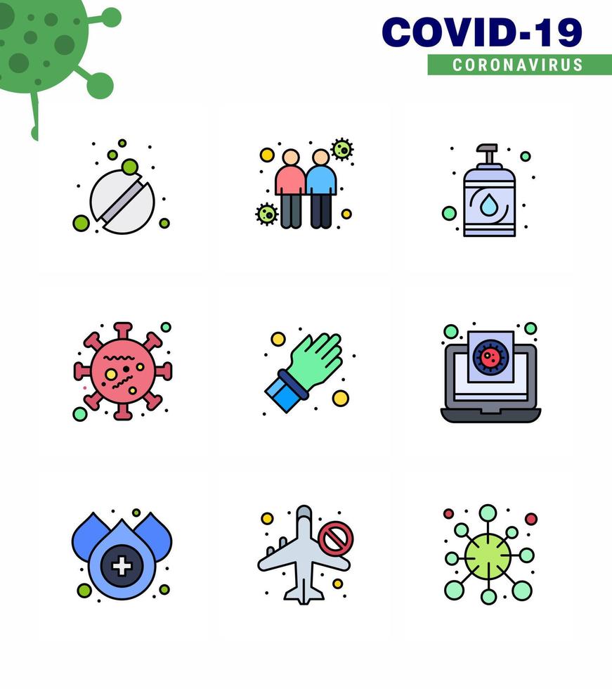 9 pack d'icônes corona de virus viral de couleur plate de ligne remplie tels que le virus de la vie du gant virus virus coronavirus viral 2019nov éléments de conception de vecteur de maladie