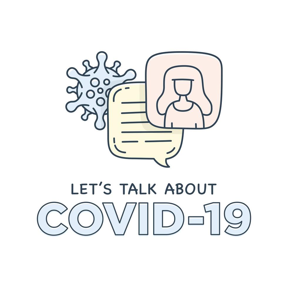 parlons des bulles de dialogue d'illustration de doodle de coronavirus covid-19 avec icône. vecteur