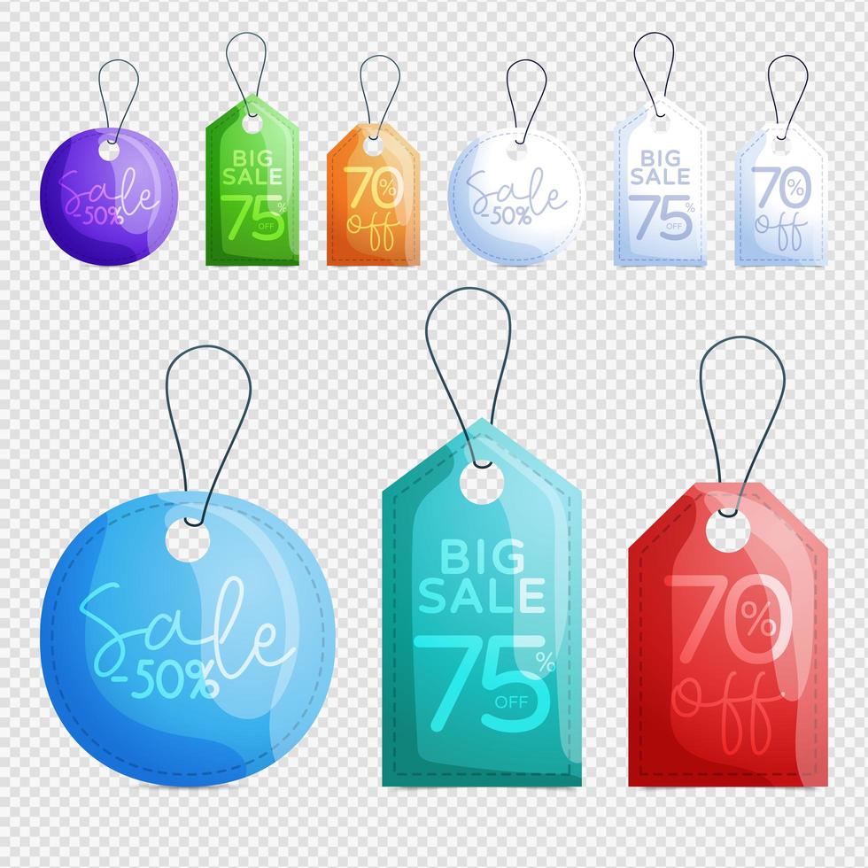Collection de conception de balises de vente de vecteur suspendues avec différentes couleurs pour les promotions de magasin en fond transparent. illustration vectorielle.