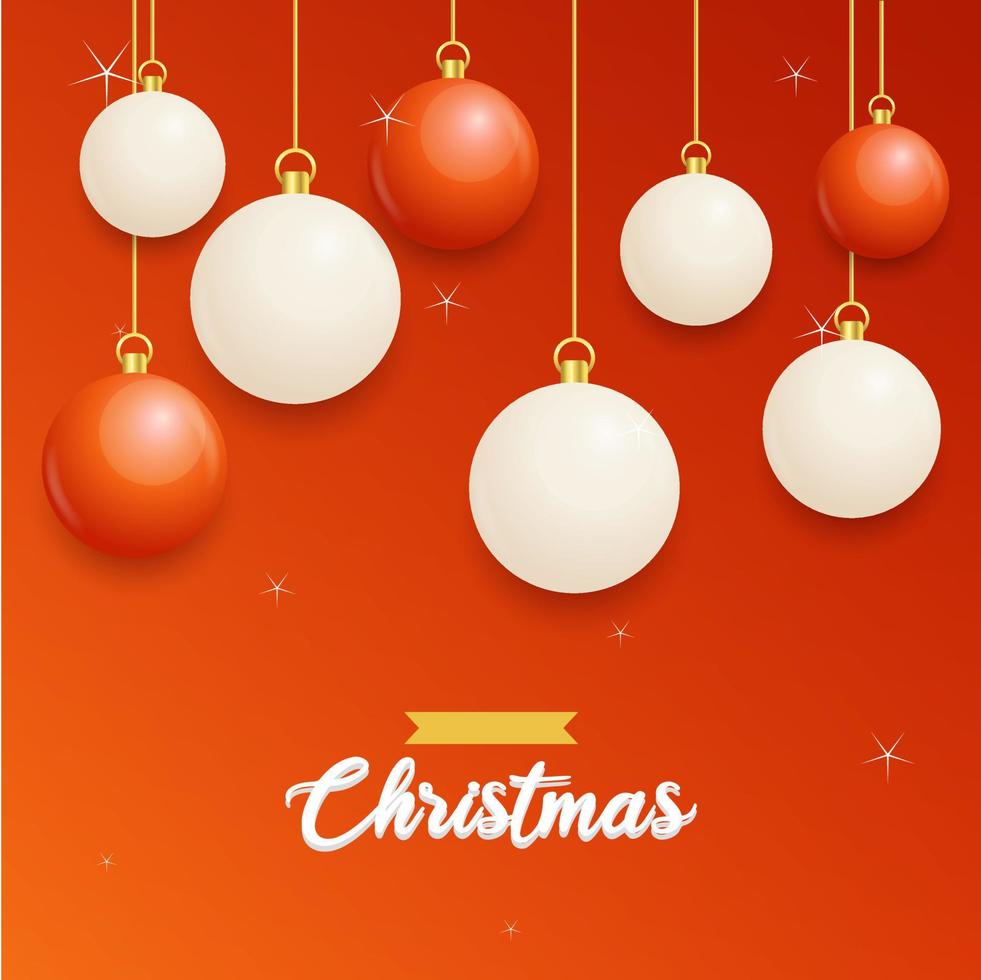 joyeux noël fond rouge avec des boules suspendues blanches et rouges. affiches de noël horizontales. cartes de voeux vecteur