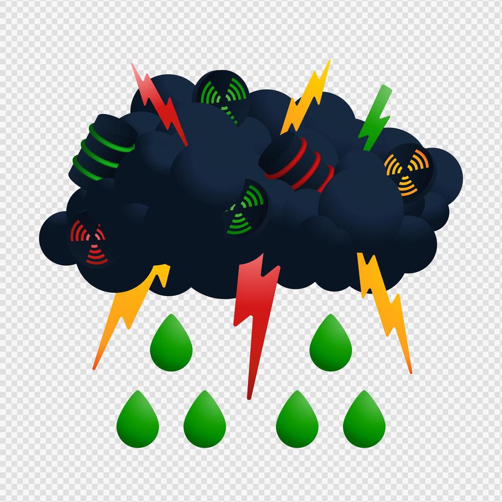 illustrateur de vecteur de nuage et de pluie nucléaire. icône radioactive avec goutte verte et conception de vecteur de retombées acides de tonnerre.