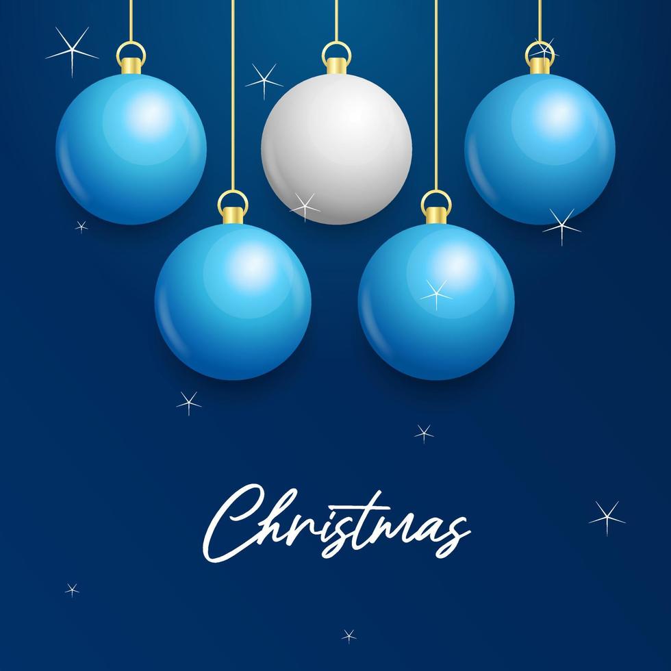 fond bleu de noël avec des boules blanches et argentées brillantes suspendues. carte de voeux joyeux noël vecteur