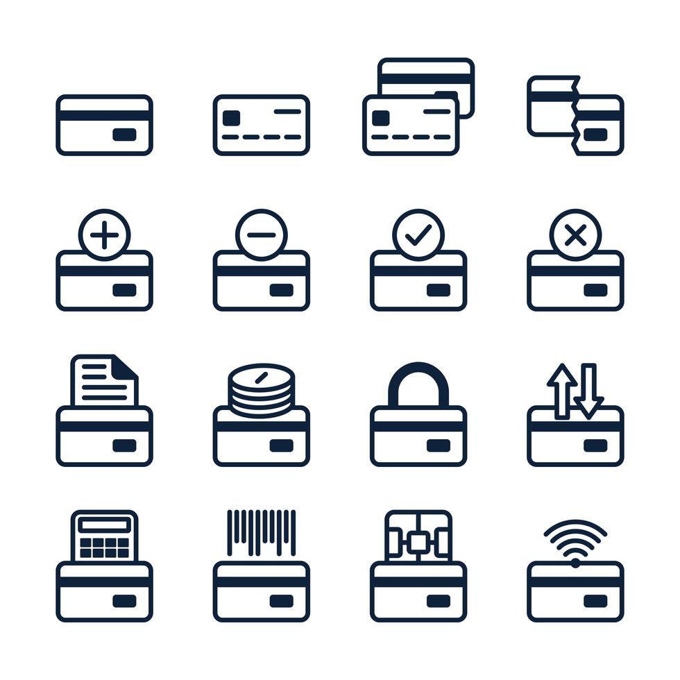 ensemble de carte de crédit dans un style moderne. symboles bancaires de contour noir de haute qualité pour la conception de sites Web et les applications mobiles. pictogrammes de carte de crédit simples sur fond blanc. vecteur