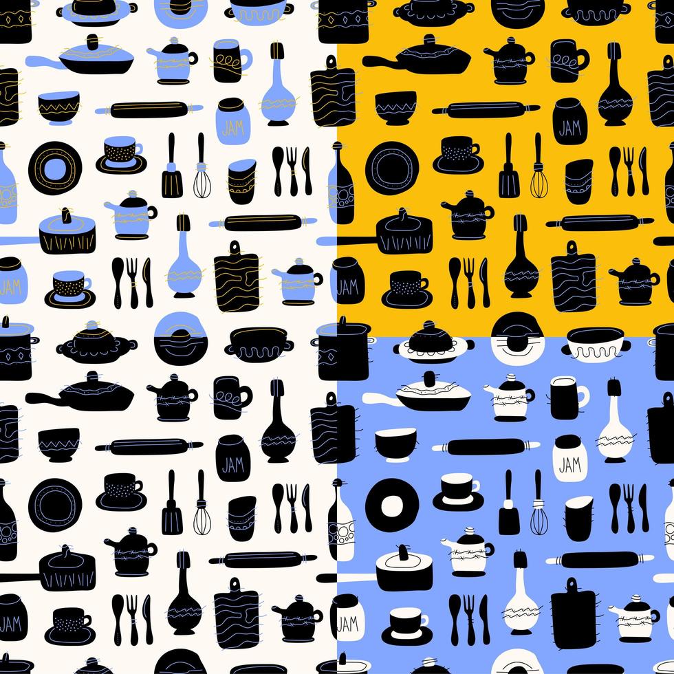 modèle sans couture de cuisine d'articles de vaisselle décoratifs. ustensiles en céramique ou vaisselle - tasses, plats, bols, pichets. illustration vectorielle dans un style plat avec une texture colorée. vecteur