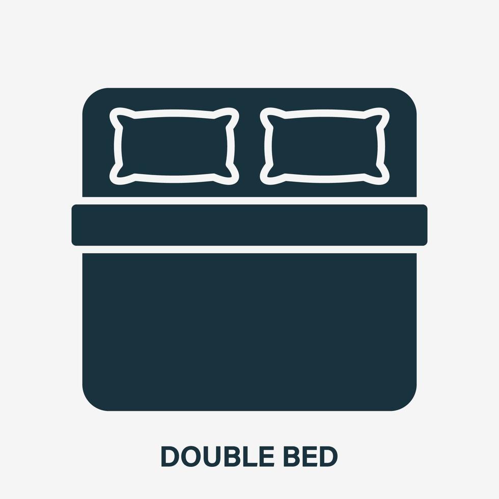 lit double avec oreiller pour l'icône de silhouette de chambre à coucher. matelas double dans le pictogramme de glyphe de chambre d'hôtel. meubles de sommeil de repos de nuit à la maison, hôpital, icône de motel. illustration vectorielle isolée. vecteur