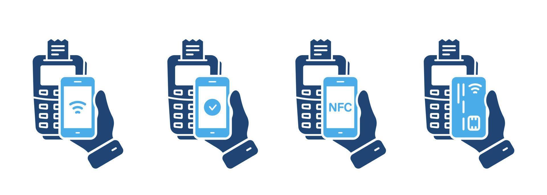 icône de silhouette de traitement de paiement pos. transaction sans numéraire approuvée technologie nfc pictogramme de glyphe de processus de paiement. smartphone, paiement par carte de crédit sur le jeu d'icônes du terminal. illustration vectorielle isolée. vecteur