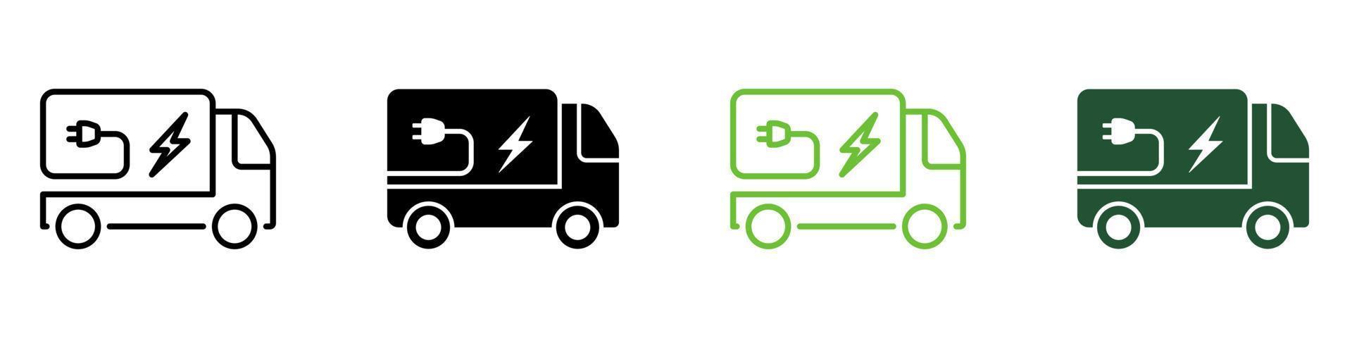 transport de véhicules avec ligne électrique éco-verte et jeu de couleurs d'icône silhouette. pictogramme fourgon électrique. collection de symboles de camion d'énergie écologique sur fond blanc. illustration vectorielle isolée. vecteur